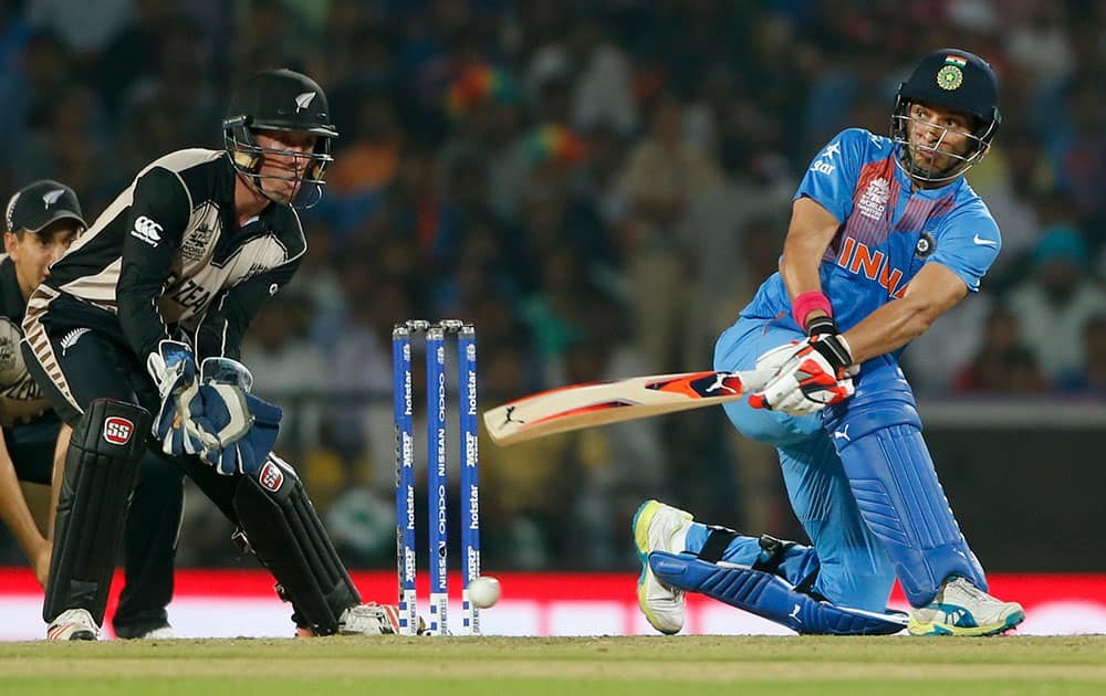 Yuvraj Singh bats against New Zealand during the ICC World Twenty20 2016 cricket match at the Vidarbha Cricket Association stadium in Nagpur.