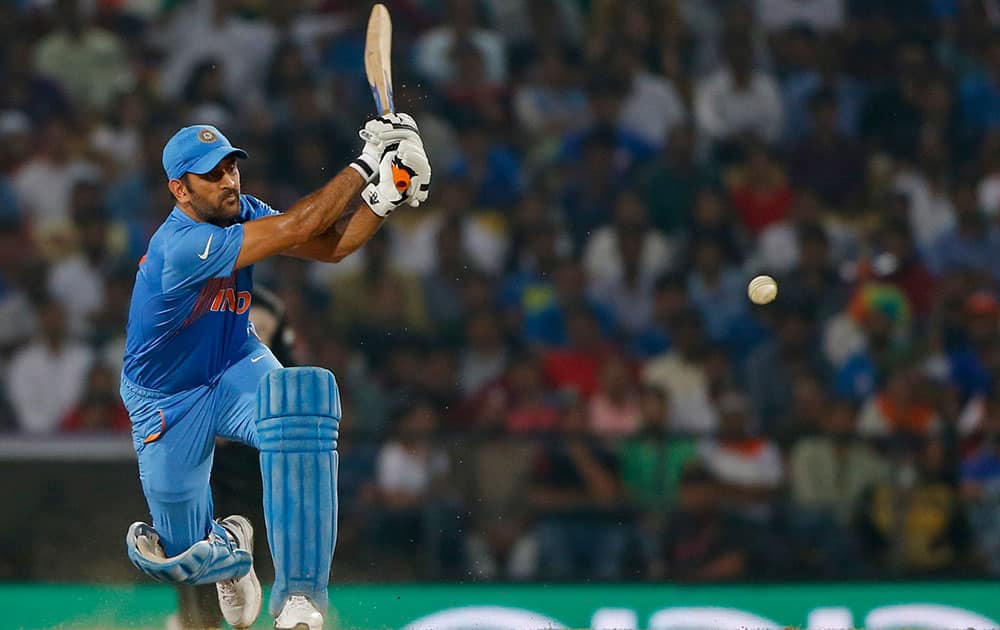 Mahendra Singh Dhoni bats against New Zealand during the ICC World Twenty20 2016 cricket match at the Vidarbha Cricket Association stadium in Nagpur.