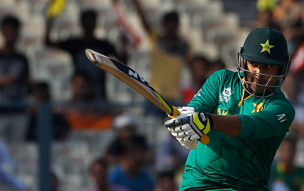 Pakistan's Sharjeel Khan plays a shot against Bangladesh during the ICC World Twenty20 2016 cricket tournament in Kolkata.