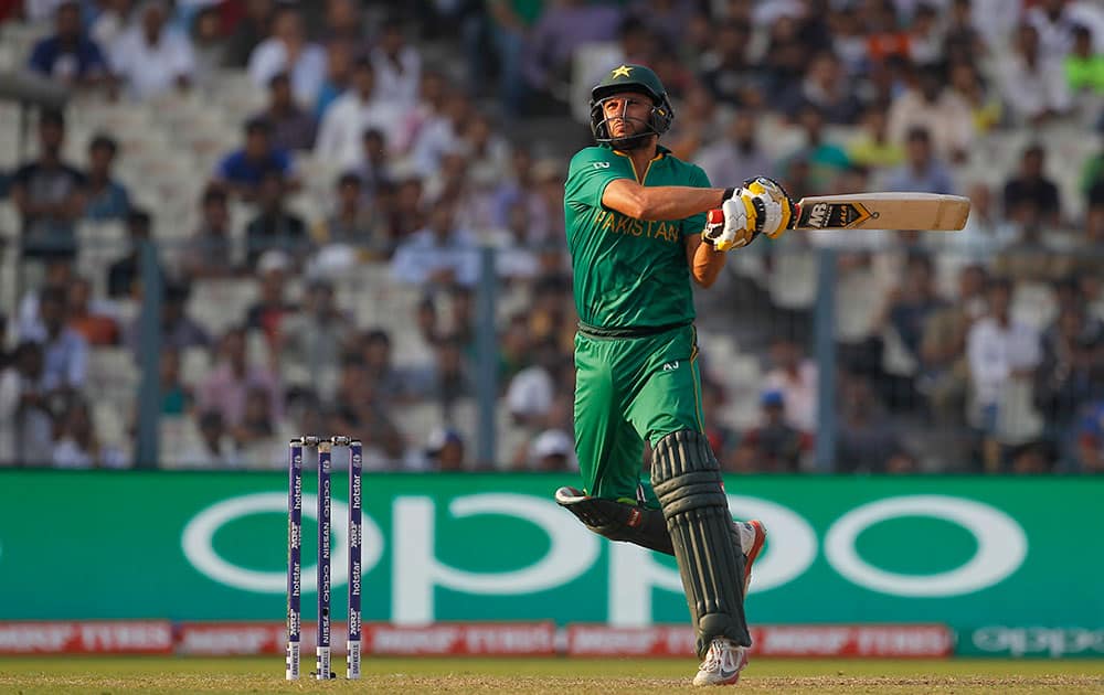 Pakistan's Shahid Afridi bats against Bangladesh during their ICC World Twenty20 2016 cricket match in Kolkata.