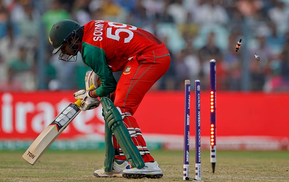 Bangladesh's Soumya Sarkar is bowled by Pakistan's Mohammad Amir during their ICC World Twenty20 2016 cricket match in Kolkata.