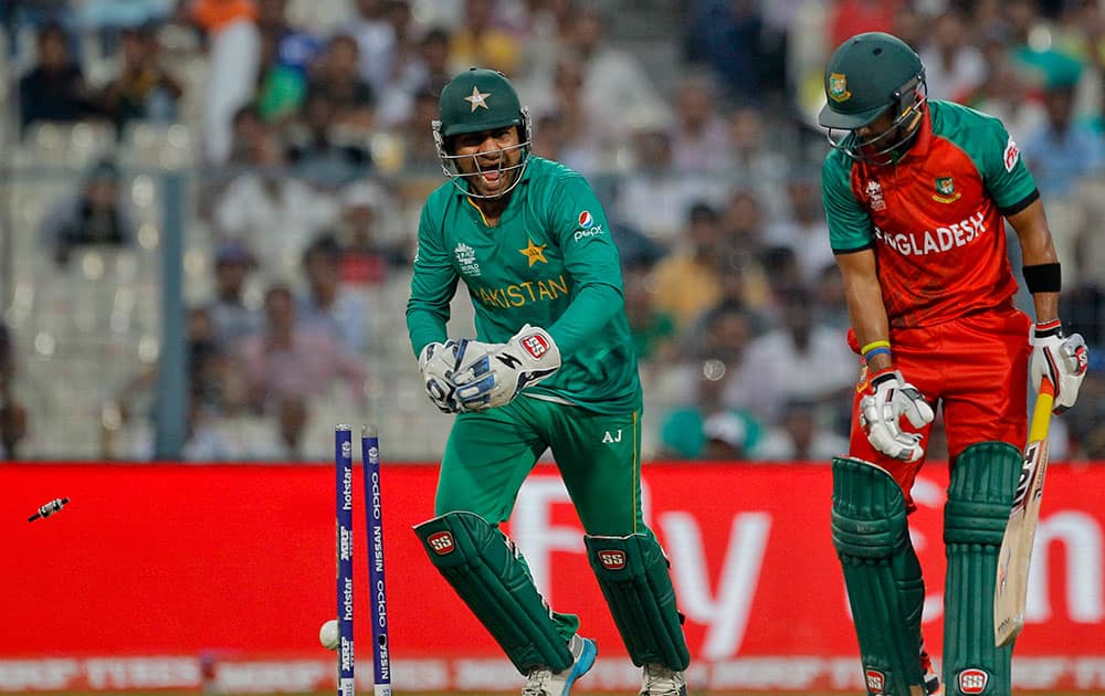 Bangladesh's Sabbir Rahman is dismissed by Pakistan's Shahid Afridi during their ICC World Twenty20 2016 cricket match in Kolkata.