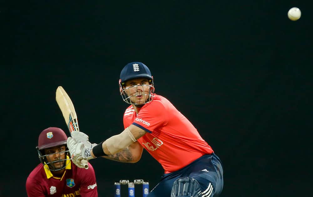 England's Alex Hales bats against West Indies during their ICC World Twenty20 2016 cricket match at the Wankhede stadium in Mumbai.