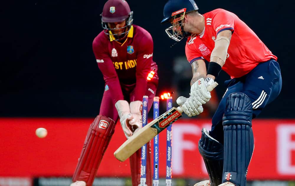 England's Alex Hales is bowled out by West Indies Sulieman Ben during their ICC World Twenty20 2016 cricket match at the Wankhede stadium in Mumbai.