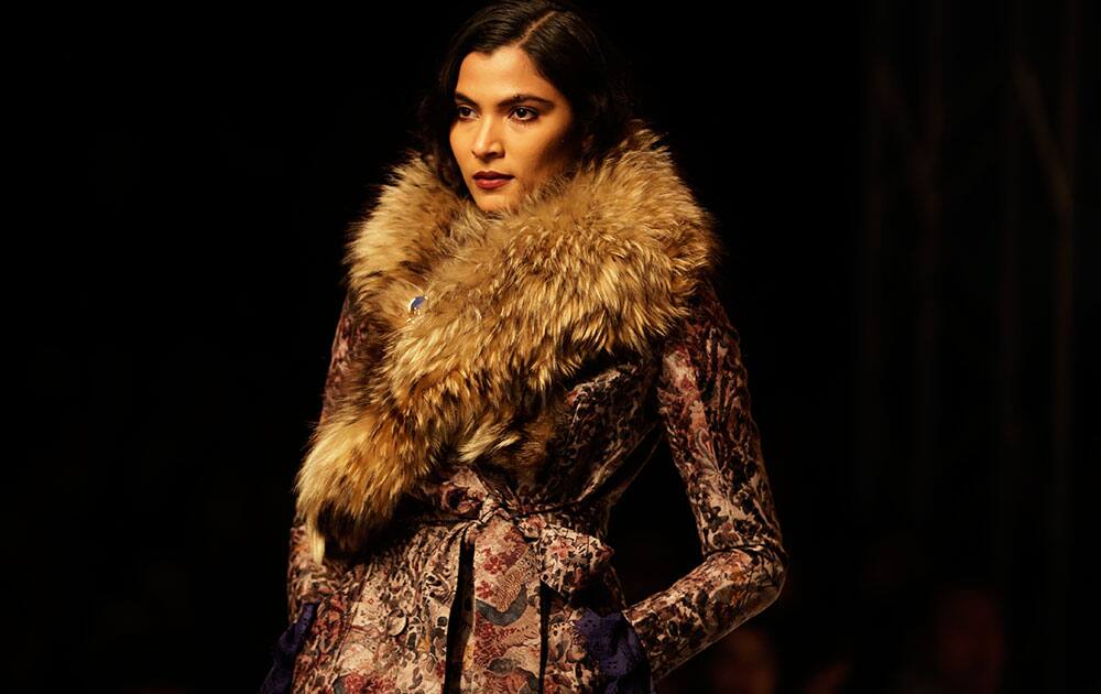 A model displays a creation by Hemant and Nandita during the Amazon India Fashion Week in New Delhi, India.