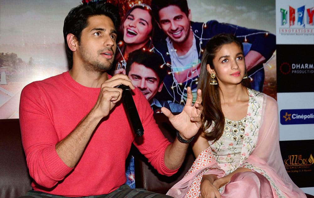 Actors Sidharth Malhotra and Alia Bhatt during a press conference to promote her upcoming film Kapoor & Sons in Jaipur.