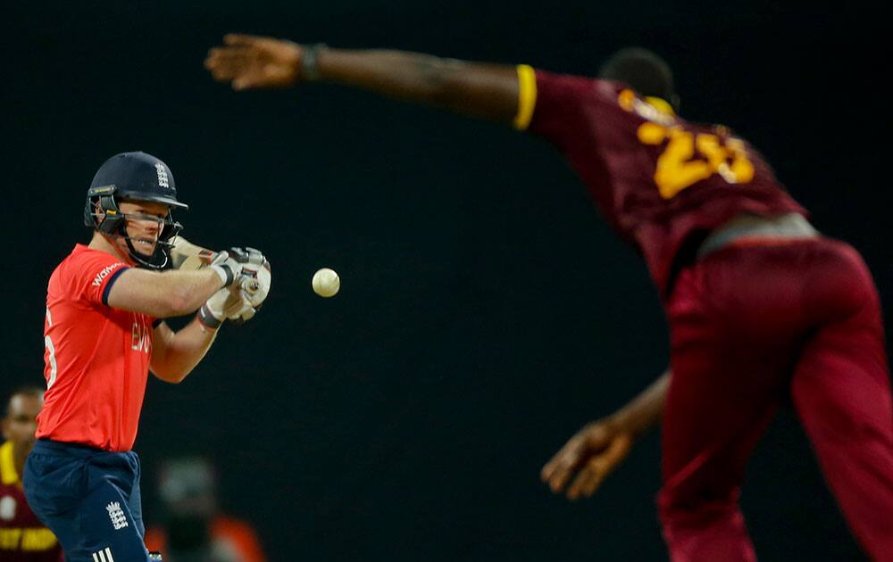 England's captain Eoin Morgan bats against West Indies during their ICC World Twenty20 2016 cricket match at the Wankhede stadium in Mumbai.