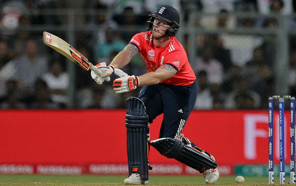 England's Ben Stokes bats during their ICC World Twenty20 2016 cricket match against West Indies at the Wankhede stadium in Mumbai.