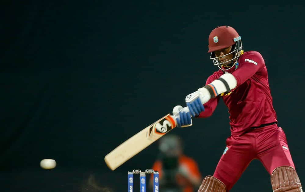 West Indies’ Marlon Samuels bats against England during their ICC World Twenty20 2016 cricket match at the Wankhede stadium in Mumbai.
