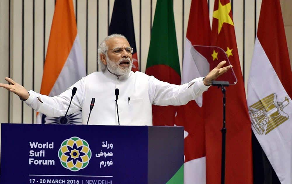 Prime Minister Narendra Modi addressing at the opening ceremony of World Sufi Forum at Vigyan Bhawan in New Delhi.