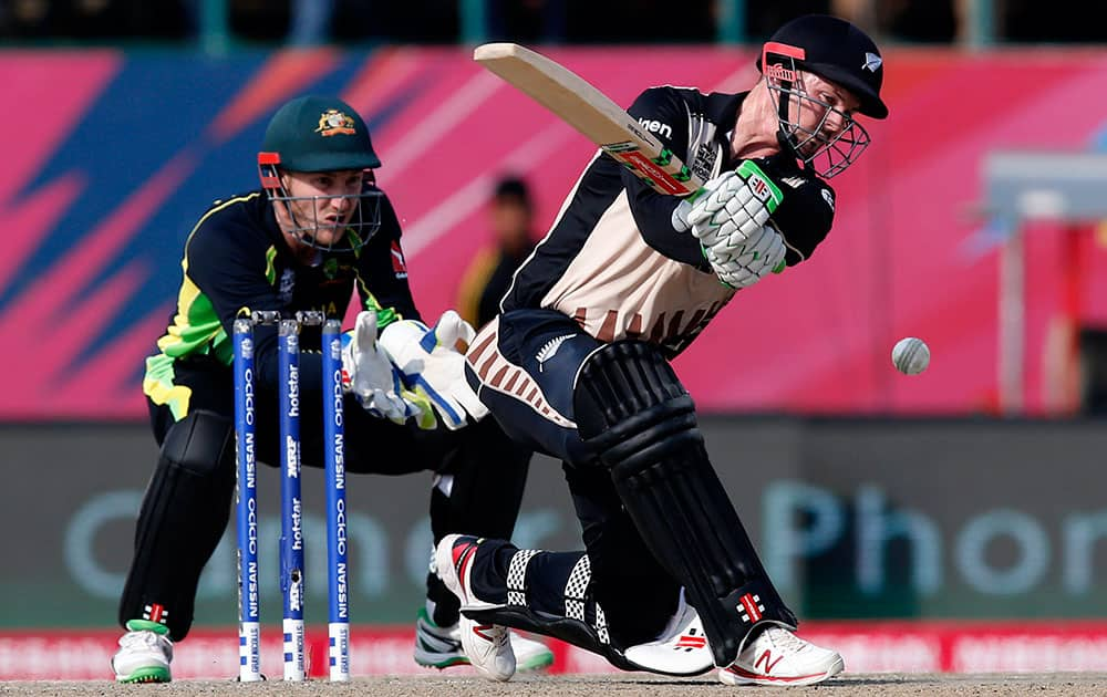 New Zealand's Colin Munro bats during their ICC World Twenty20 2016 cricket match against Australia at the Himachal Pradesh Cricket Association (HPCA) stadium in Dharamsala.