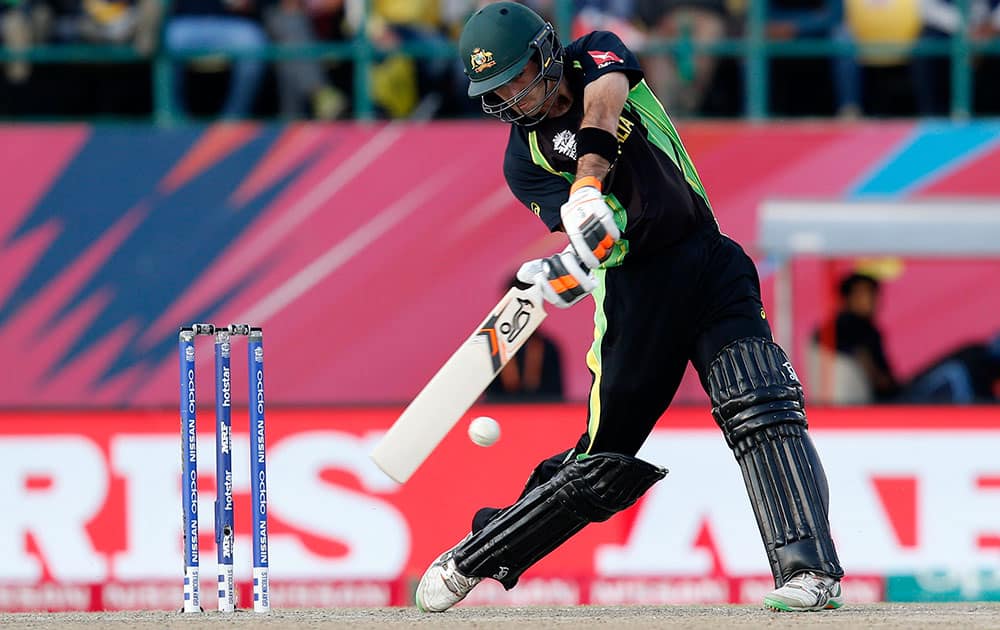 Australia's Glenn Maxwell bats during their ICC World Twenty20 2016 cricket match against New Zealand at the Himachal Pradesh Cricket Association (HPCA) stadium in Dharamsala.