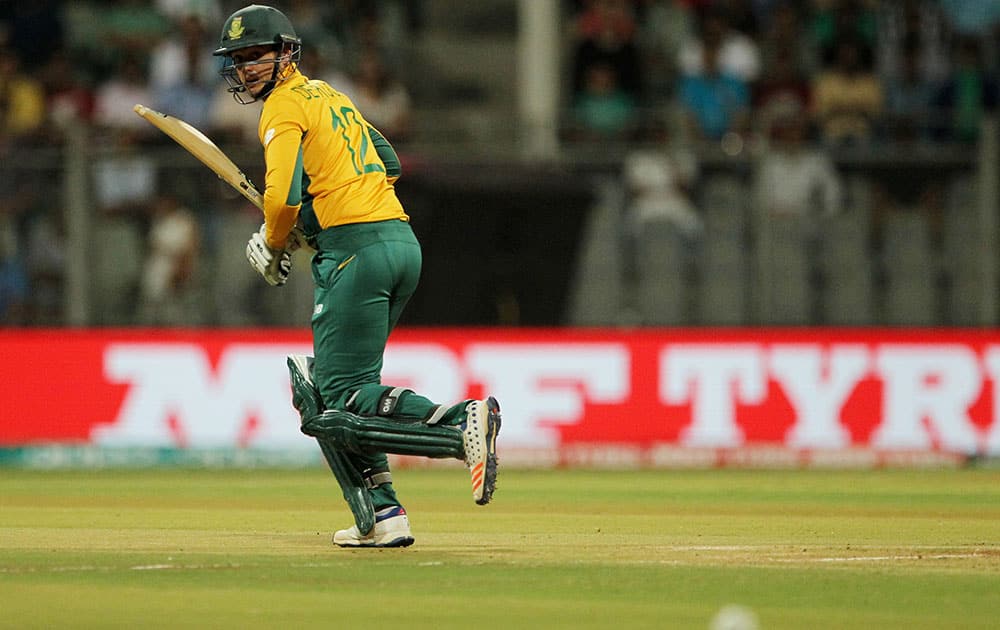 South Africa's Quinton de Kock watches his shot during their ICC World Twenty20 2016 cricket match against England at the Wankhede stadium in Mumbai.