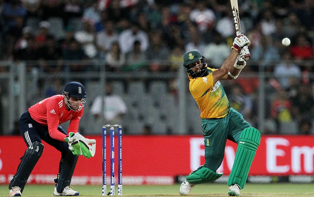 South Africa's Hashim Amla bats during their ICC World Twenty20 2016 cricket match against England at the Wankhede stadium in Mumbai.