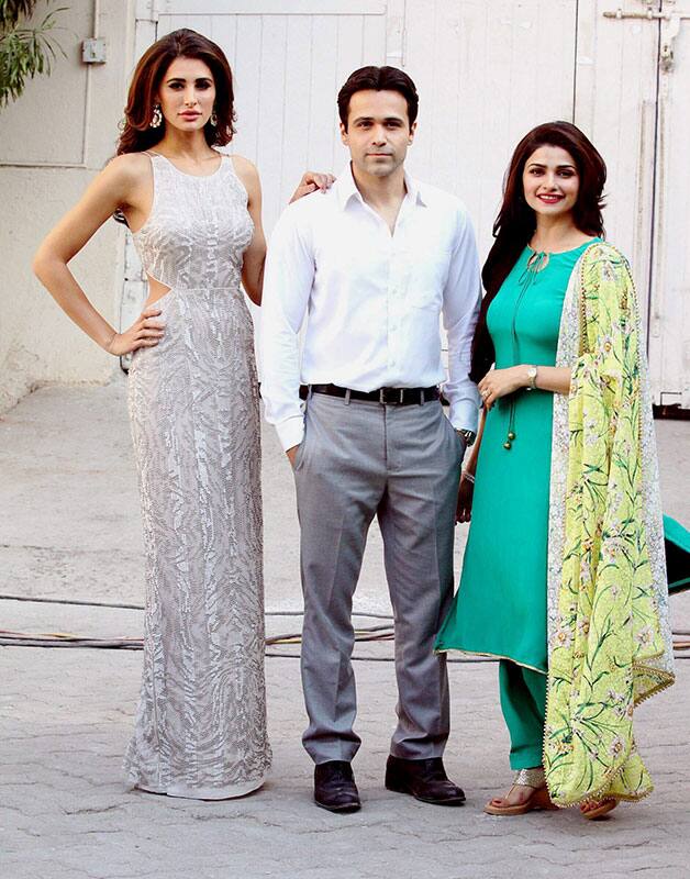 Actors Nargis Fakhri, Emraan Hashmi and Prachi Desai during the poster photo shoot of film Azhar in Mumbai.