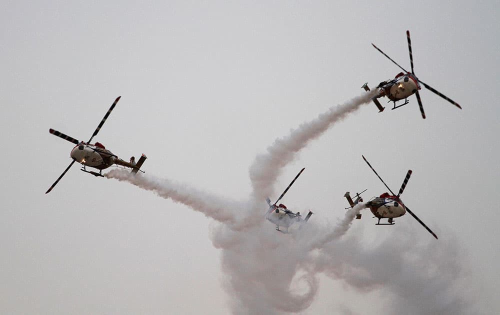 Air force team flies advanced light helicopters during exercise 'Iron Fist' at Pokhran.