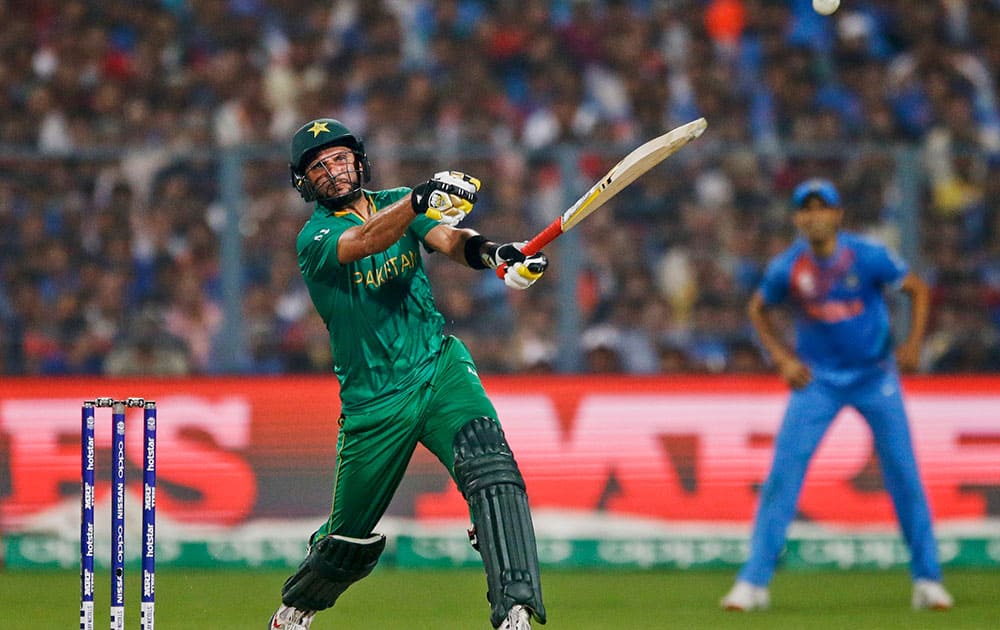 Pakistan's Shahid Afridi bats during the ICC World Twenty20 2016 cricket match against India at Eden Gardens in Kolkata.