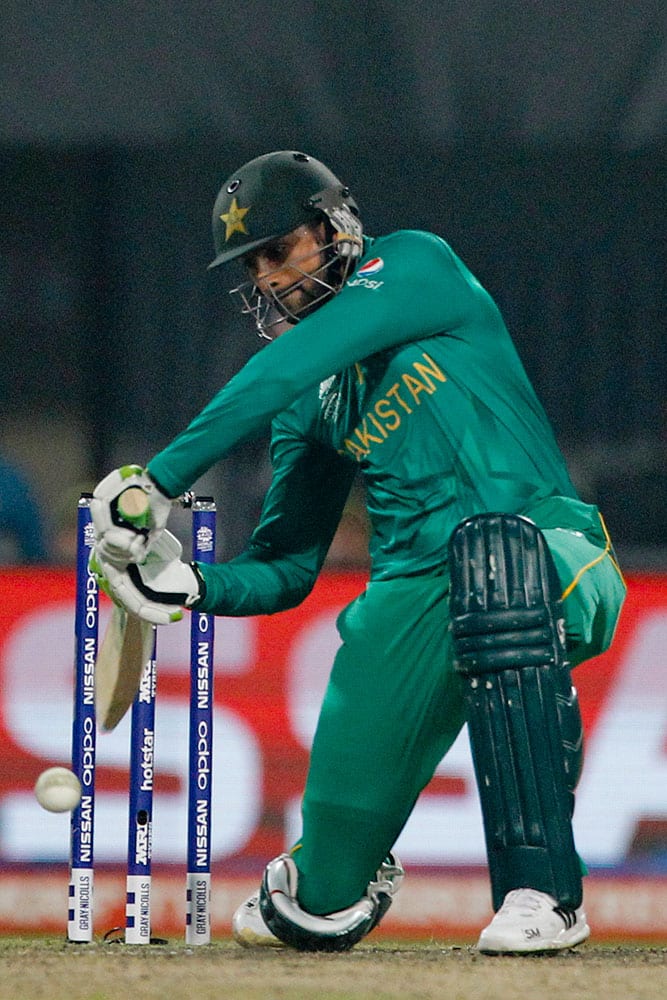 Pakistan's Shoaib Malik bats against India during the ICC World Twenty20 2016 cricket match at Eden Gardens in Kolkata.