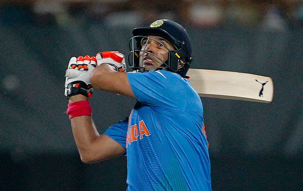 India's Yuvraj Singh bats during the ICC World Twenty20 2016 cricket match against Pakistan at Eden Gardens in Kolkata.