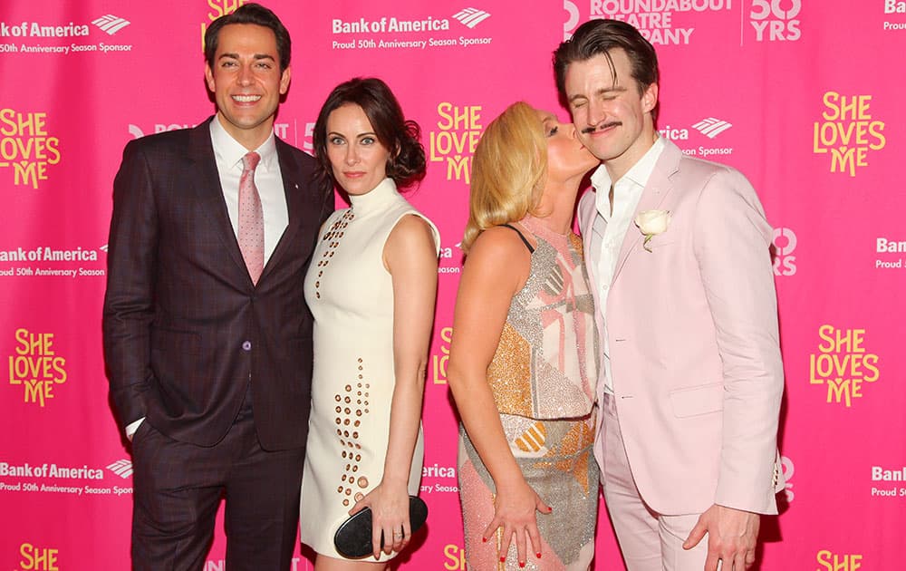 Zachary Levi, from left, Laura Benanti, Jane Krakowski and Gavin Creel attend the Broadway opening night of 