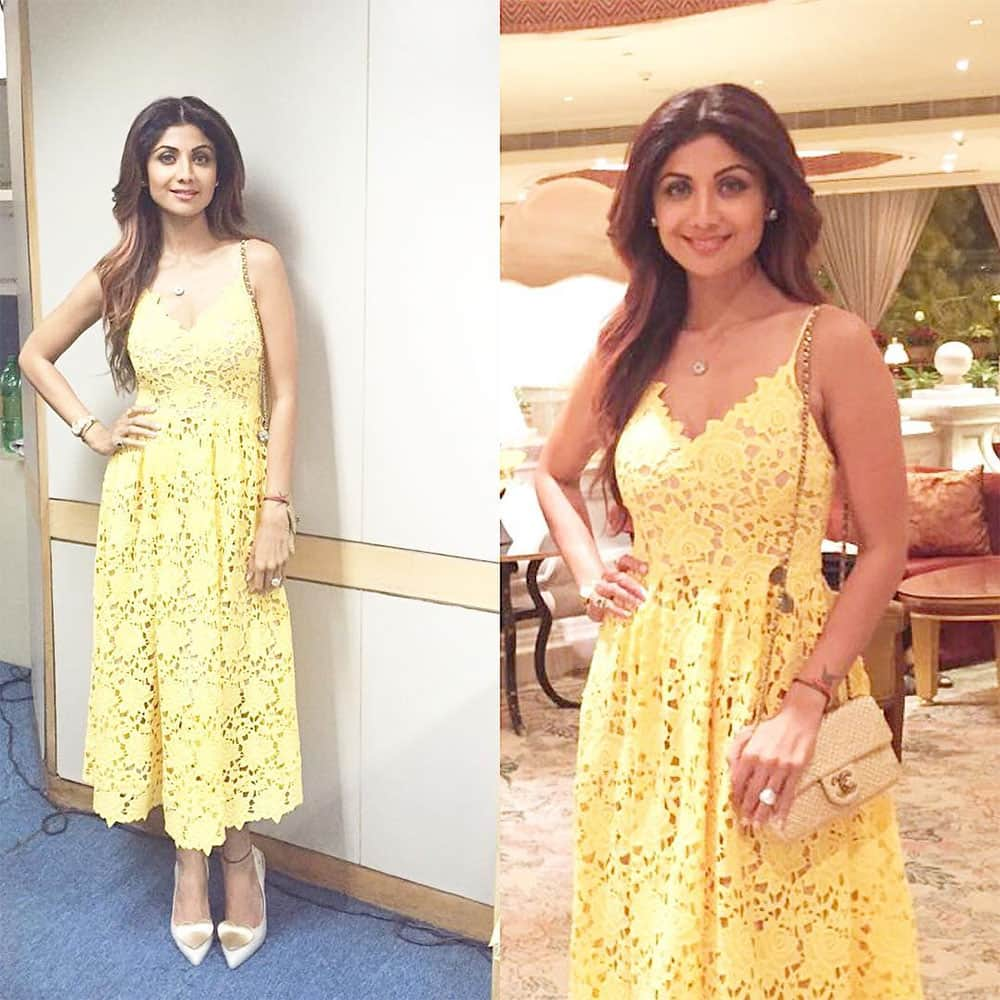 SHILPA SHETTY KUNDRA :- Wearing an H&M dress and Vivienne Westwood shoes today with a spring in my step headed to the #springfever2016 .#thegreatindiandiet #health #speaker -instagram