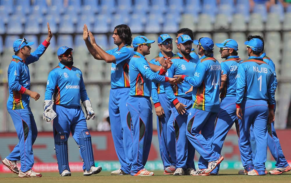 Afghanistan’s players celebrate the dismal of South Africa's Hashim Amla during their ICC World Twenty20 2016 cricket match at the Wankhede stadium in Mumbai.