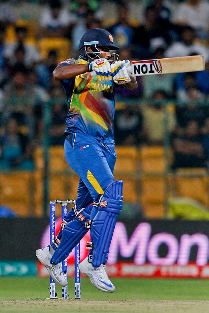 Sri Lanka's Thisara Perera plays a shot during their ICC World Twenty20 2016 cricket match against West Indies’ in Bangalore.