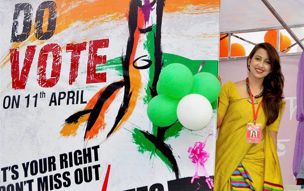 Actress Barsha Rani Bishaya inaugurating a voter awareness mobile van ahead of State Assembly election 2016 in Guwahati.