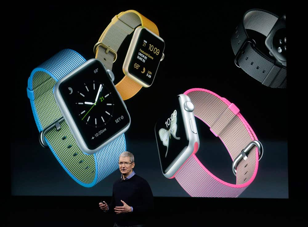 Apple CEO Tim Cook, speaks at an event to announce new products and an update to the Apple Watch at Apple headquarters in Cupertino, Calif.
