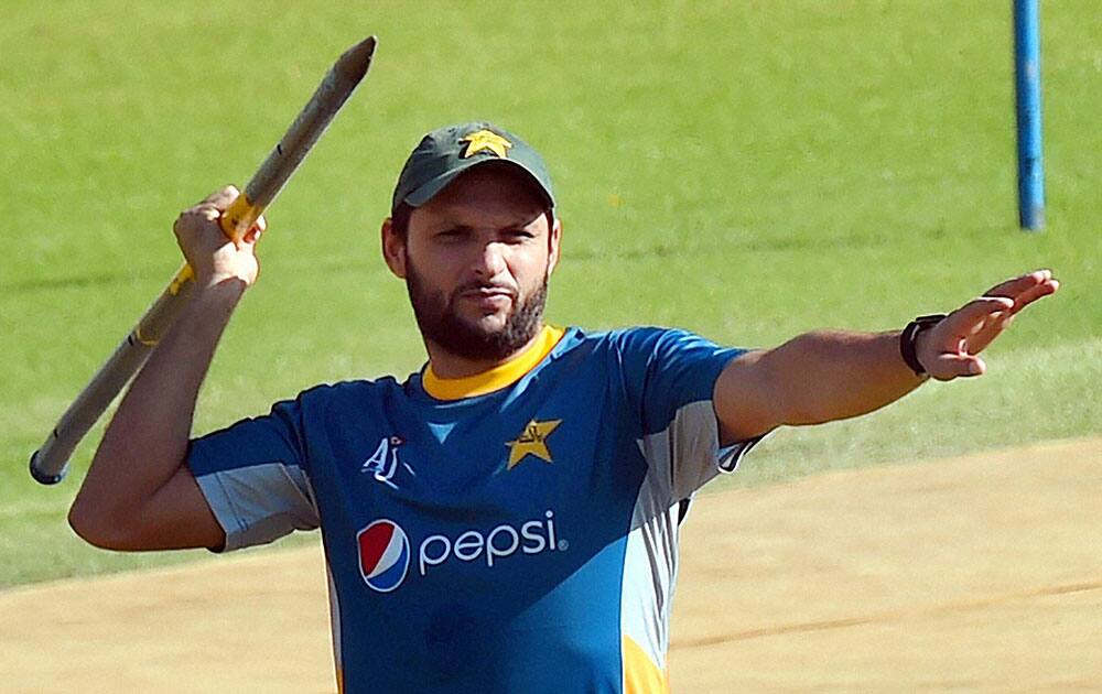 Pakistan Captain Shahid Afridi during a training session at PCA Mohali on the eve of World Cup T20 match against New Zealand.