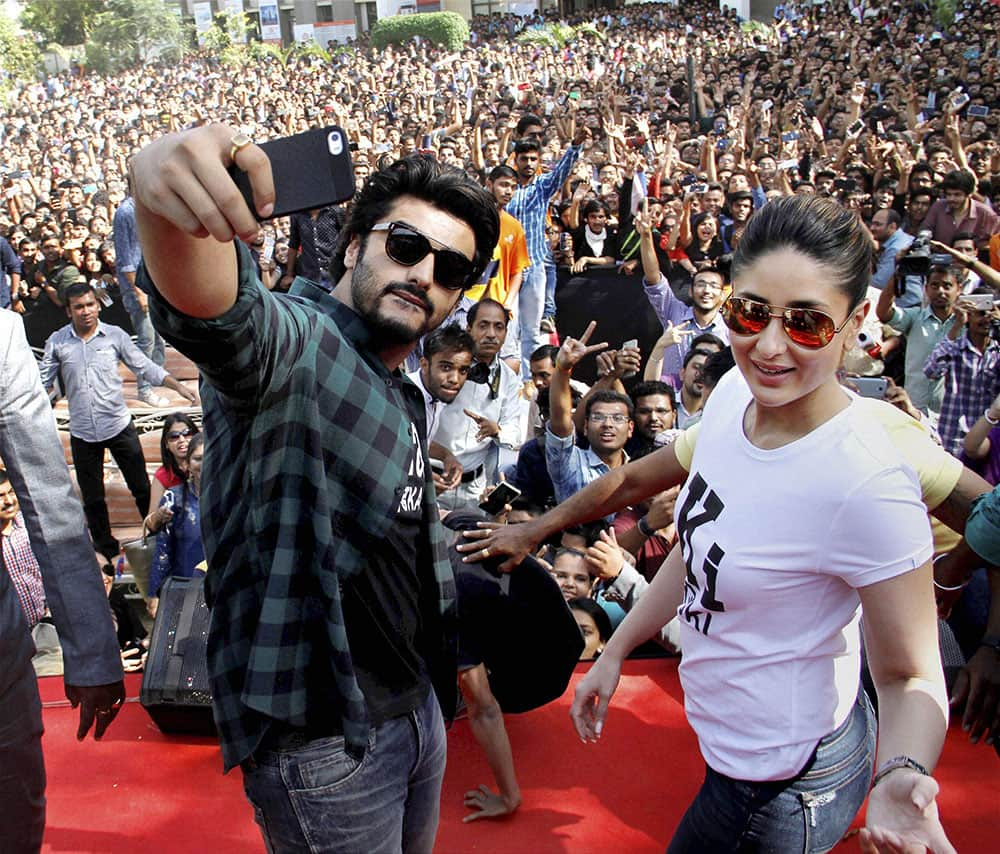 Actors Arjun Kapoor and Kareena Kapoor dance during the promotion of their upcoming film Ki & Ka in Ahmedabad.