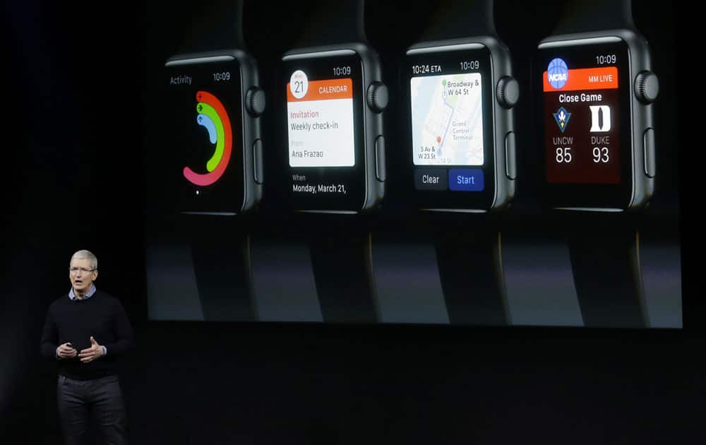 Apple CEO Tim Cook speaks at an event to announce new products and an update to the Apple Watch at Apple headquarters, Monday, March 21, 2016, in Cupertino, California.