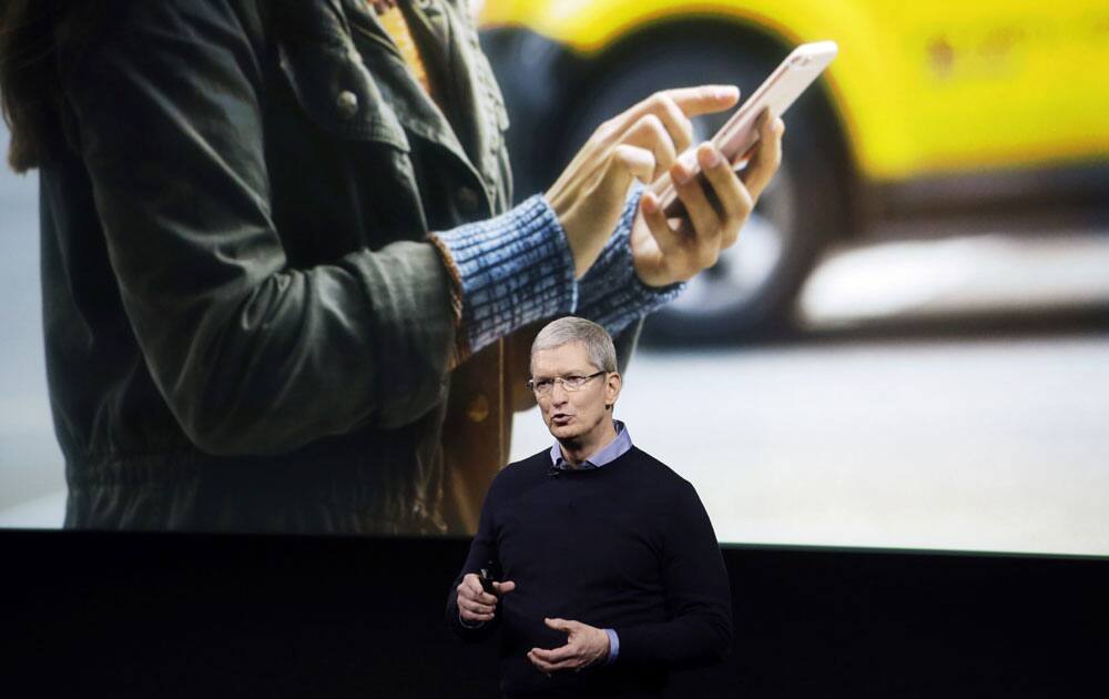 Apple CEO Tim Cook, speaks at an event to announce new products at Apple headquarters Monday, March 21, 2016, in Cupertino, California.