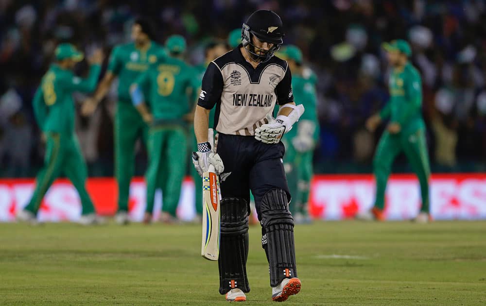 New Zealand's Kane Williamson walks back after his dismissal as Pakistan players celebrate during their ICC World Twenty20 2016 cricket match in Mohali.