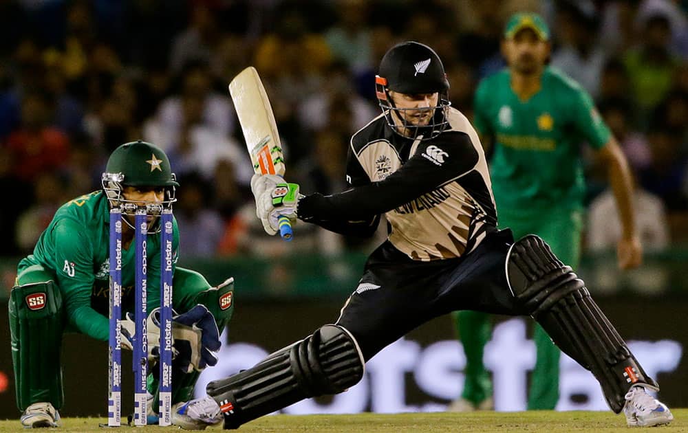 New Zealand's Adam Milne Colin Munro plays a shot against Pakistan during their ICC World Twenty20 2016 cricket match in Mohali.