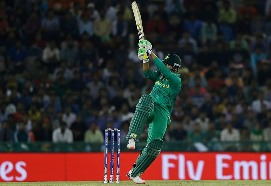 Pakistan's Sharjeel Khan plays a shot during their ICC World Twenty20 2016 cricket match against New Zealand in Mohali.