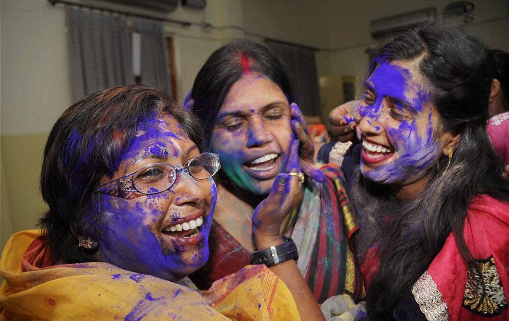 BJP Mahila Morcha members celebrates Holi festival at state head office in Ranchi.