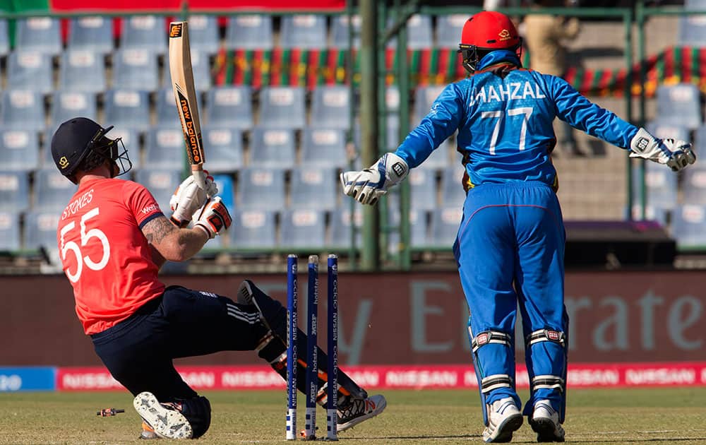 England's Ben Stokes gets out against Afganistan during their ICC Twenty20 2016 Cricket World Cup match at the Feroz Shah Kotla cricket stadium in New Delhi.
