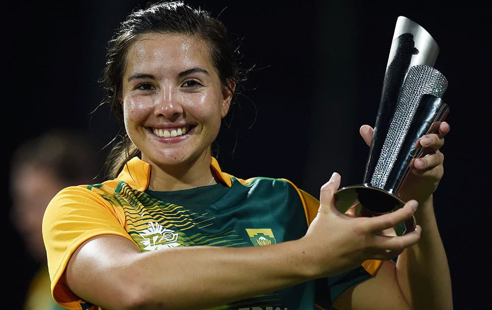 South Africa Suné Luus holds with woman of the match trophy after win over Ireland during the ICC Womens World T20 match at the MAC Stadium in Chennai.
