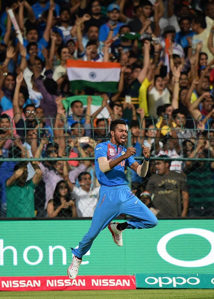  Indias Hardik Pandya takes the catch of Mithun of Bangladesh during the ICC World T20 match between India and Bangladesh at Chinnaswamy Stadium in Bengaluru.