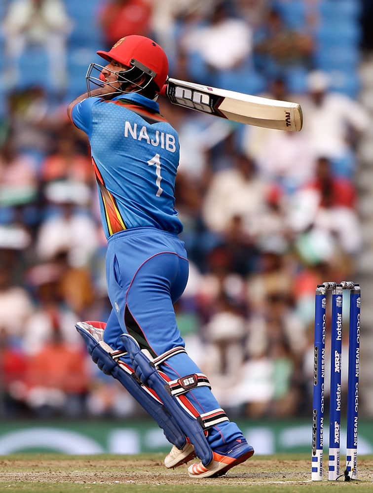 Afghanistan's Najibullah Zadran plays a shot during their ICC World Twenty20 2016 cricket match against West Indies in Nagpur.