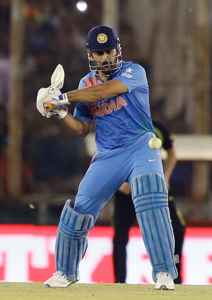 India's MS Dhoni bats during their ICC World Twenty20 2016 cricket match against Australia in Mohali.