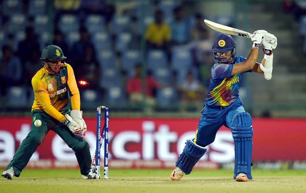 Sri Lankan batsman LD Chandimal gets bowled against South Africa in an ICC World T20 match at Feroz Shah Kotla stadium in New Delhi.