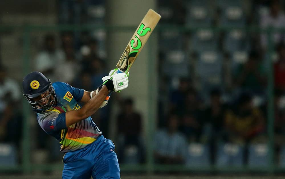 Sri Lanka's Dasun Shanaka hits a six against South Africa during their ICC Twenty20 2016 Cricket World Cup match at the Feroz Shah Kotla Cricket Stadium in New Delhi.