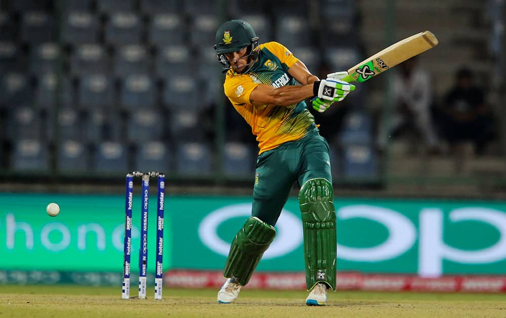 South Africa's Faf du Plessis bats against Sri Lanka during their ICC Twenty20 2016 Cricket World Cup match at the Feroz Shah Kotla Cricket Stadium in New Delhi.