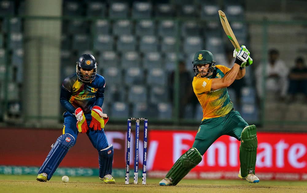 South Africa's Faf du Plessis bats against Sri Lanka during their ICC Twenty20 2016 Cricket World Cup match at the Feroz Shah Kotla Cricket Stadium in New Delhi.