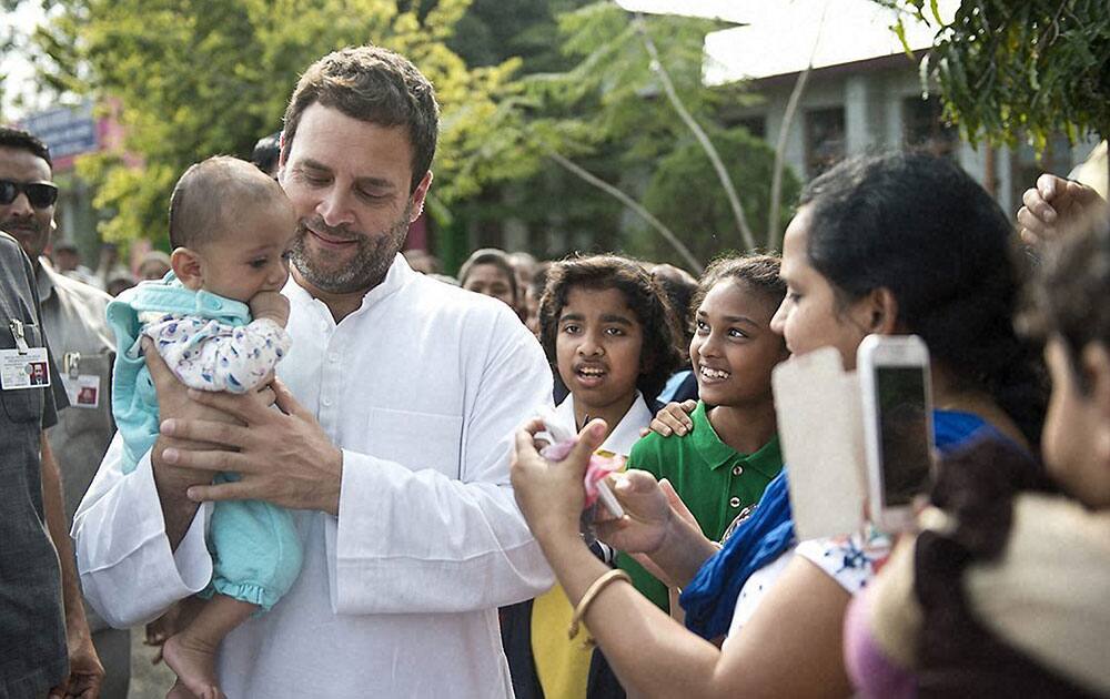 Congress Vice President Rahul Gandhi with students and staff of Jawahar Navodaya Vidhyalya in Dibrugarh during his visit to Assam.
