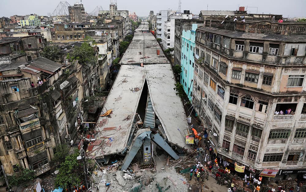 General view shows a partially collapsed overpass in Kolkata.