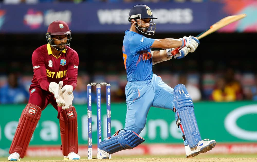 Ajinkya Rahane bats during their ICC World Twenty20 2016 cricket semifinal match against the West Indies at Wankhede stadium in Mumbai.