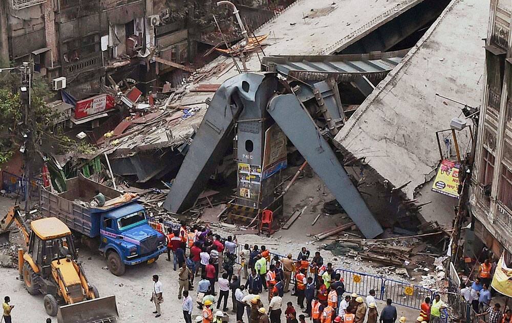 Aerial view of the site where an under-construction flyover collapsed on Vivekananda Road in Kolkata.